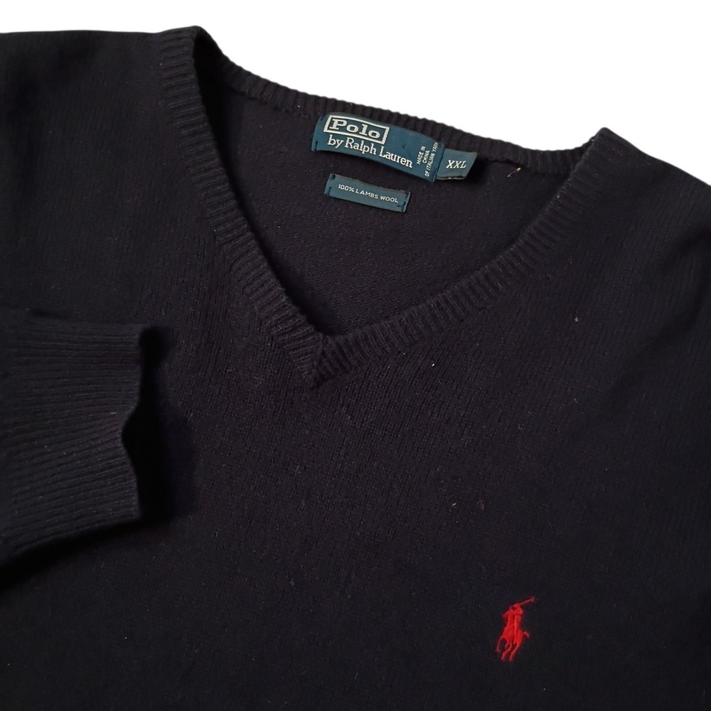 Polo Ralph Lauren Sweater Mens‎ XXL Blue Lambswool V-Neck Pullover Pony 80s 90s